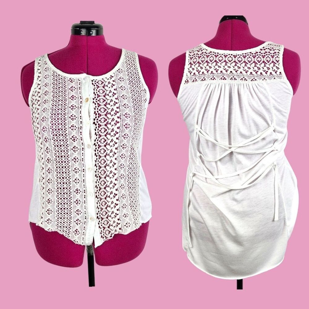 Cream Lace High-Low Top Sleeveless Button Up Sheer Blouse Summer Festival Small